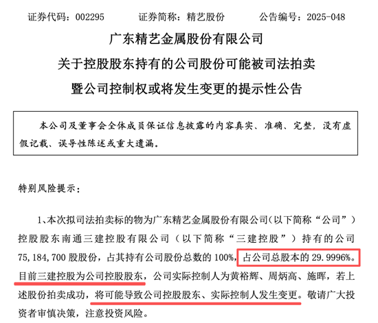 002295，约30%股份将被拍卖！控制权或将变更！